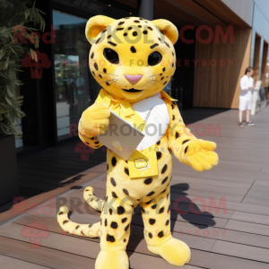 Lemon Yellow Leopard mascot costume character dressed with Poplin Shirt and Clutch bags