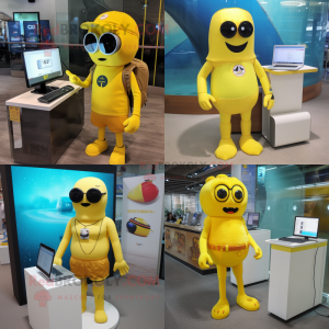 Yellow computer mascot costume character dressed with One-Piece Swimsuit and Messenger bags