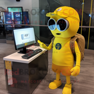 Yellow computer mascot costume character dressed with One-Piece Swimsuit and Messenger bags