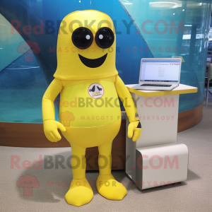 Yellow computer mascot costume character dressed with One-Piece Swimsuit and Messenger bags