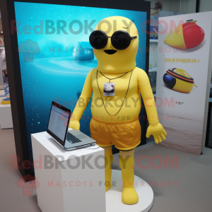 Yellow computer mascot costume character dressed with One-Piece Swimsuit and Messenger bags