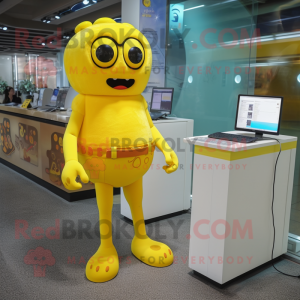 Yellow computer mascot costume character dressed with One-Piece Swimsuit and Messenger bags
