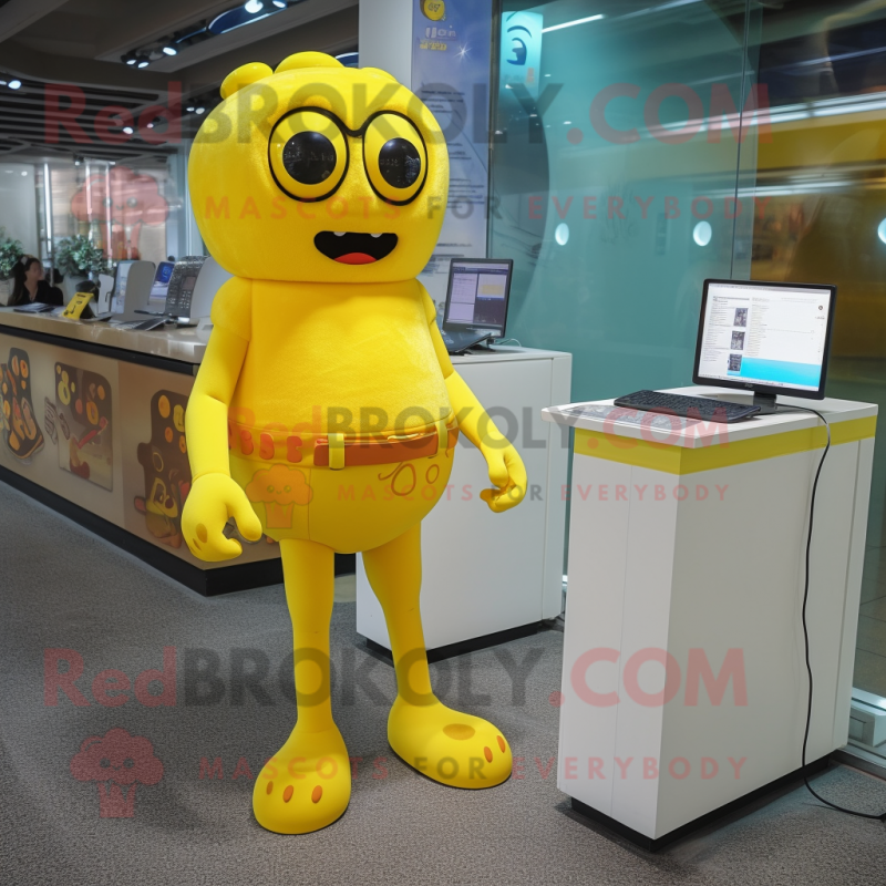 Yellow computer mascot costume character dressed with One-Piece Swimsuit and Messenger bags