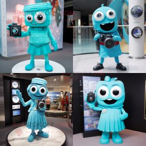Cyan Camera mascot costume character dressed with Dress and Bracelet watches