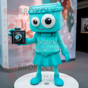 Cyan Camera mascot costume character dressed with Dress and Bracelet watches