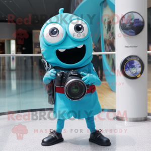 Cyan Camera mascot costume character dressed with Dress and Bracelet watches