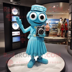 Cyan Camera mascot costume character dressed with Dress and Bracelet watches