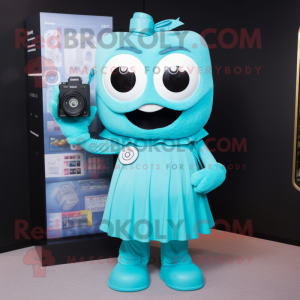 Cyan Camera mascot costume character dressed with Dress and Bracelet watches