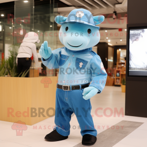 Sky Blue Tapir mascot costume character dressed with Flare Jeans and Caps