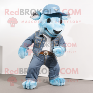 Sky Blue Tapir mascot costume character dressed with Flare Jeans and Caps