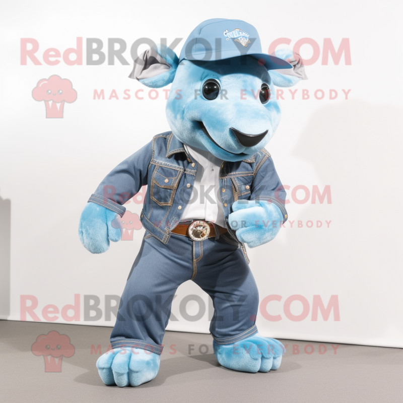 Sky Blue Tapir mascot costume character dressed with Flare Jeans and Caps Sky Blue Tapir mascot costume character dressed with Flare Jeans and Caps