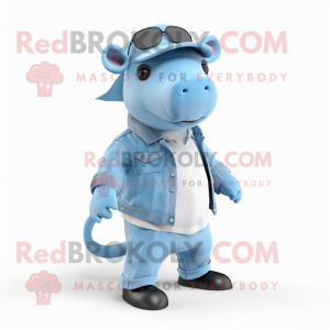 Sky Blue Tapir mascot costume character dressed with Flare Jeans and Caps