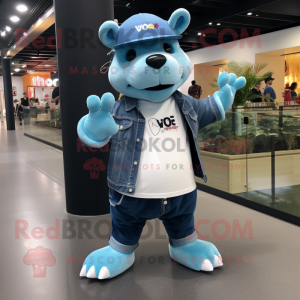 Sky Blue Tapir mascot costume character dressed with Flare Jeans and Caps