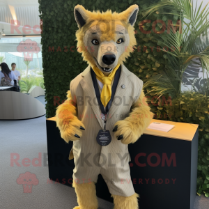 Gold Hyena mascot costume character dressed with Suit Jacket and Anklets