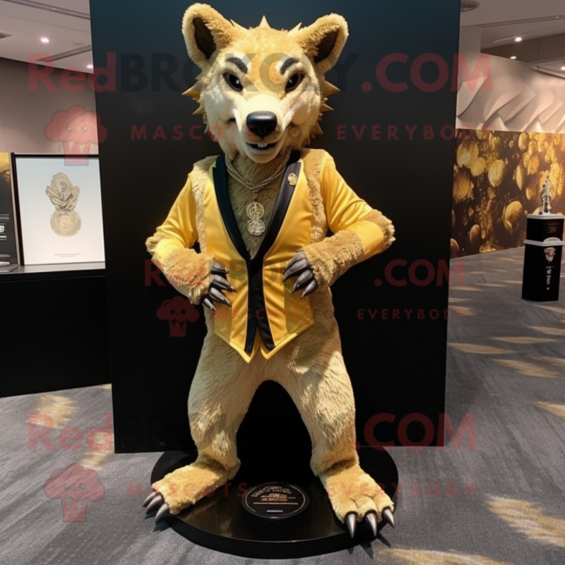 Gold Hyena mascot costume character dressed with Suit Jacket and Anklets