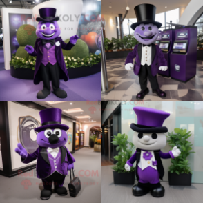 Purple Spinach mascot costume character dressed with Tuxedo and Coin purses