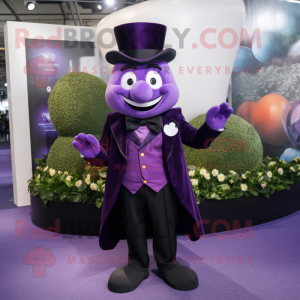 Purple Spinach mascot costume character dressed with Tuxedo and Coin purses