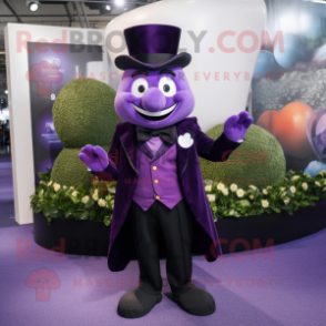 Purple Spinach mascot costume character dressed with Tuxedo and Coin purses