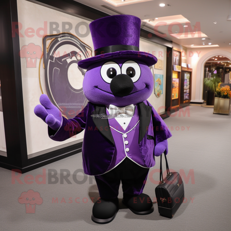 Purple Spinach mascot costume character dressed with Tuxedo and Coin purses