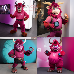 Magenta Minotaur mascot costume character dressed with Blouse and Smartwatches