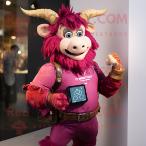 Magenta Minotaur mascot costume character dressed with Blouse and Smartwatches