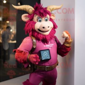 Magenta Minotaur mascot costume character dressed with Blouse and Smartwatches