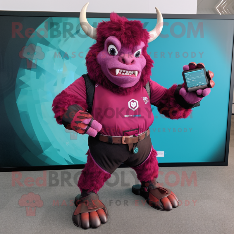 Magenta Minotaur mascot costume character dressed with Blouse and Smartwatches