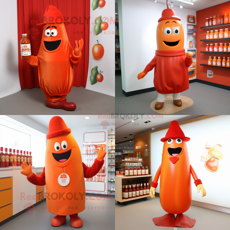 Orange Bottle of ketchup mascot costume character dressed with Sweater and Hat pins