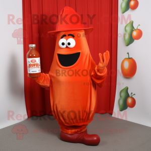 Orange Bottle of ketchup mascot costume character dressed with Sweater and Hat pins