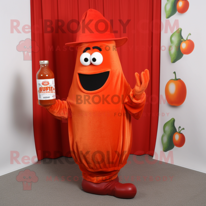 Orange Bottle of ketchup mascot costume character dressed with Sweater and Hat pins Orange Bottle of ketchup mascot costume character dressed with Sweater and Hat pins