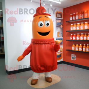Orange Bottle of ketchup mascot costume character dressed with Sweater and Hat pins