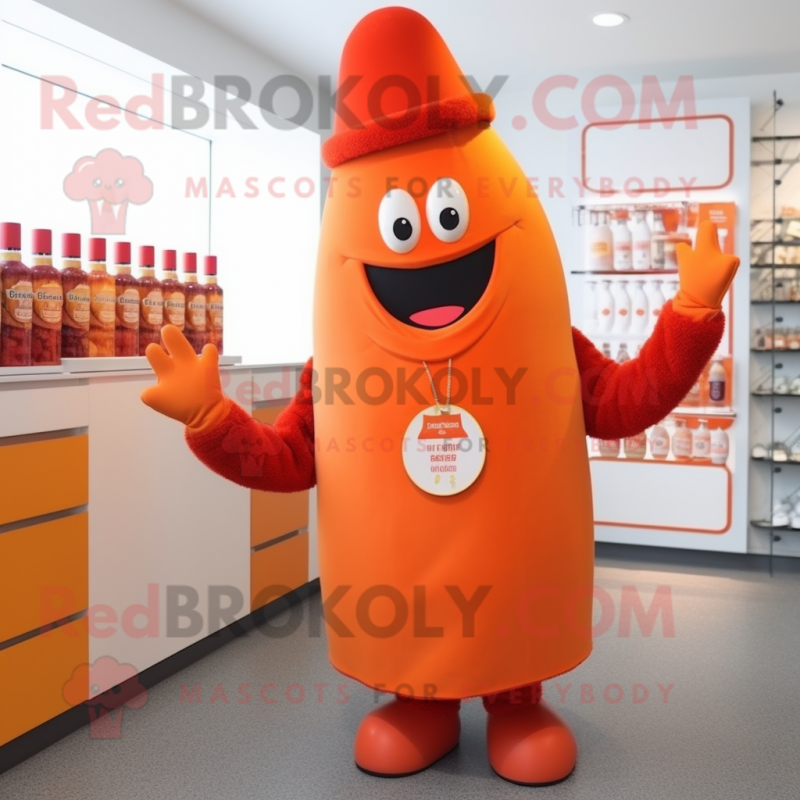 Orange Bottle of ketchup mascot costume character dressed with Sweater and Hat pins Orange Bottle of ketchup mascot costume character dressed with Sweater and Hat pins