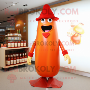 Orange Bottle of ketchup mascot costume character dressed with Sweater and Hat pins