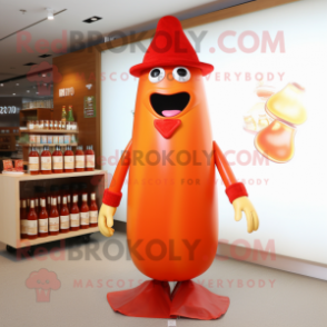 Orange Bottle of ketchup mascot costume character dressed with Sweater and Hat pins