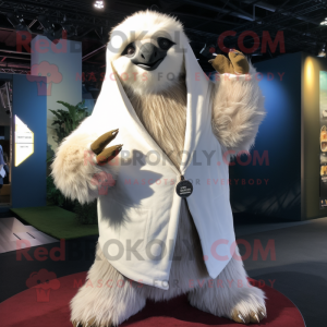 White giant sloth mascot costume character dressed with Cardigan and Lapel pins