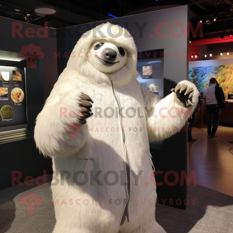 White giant sloth mascot costume character dressed with Cardigan and Lapel pins