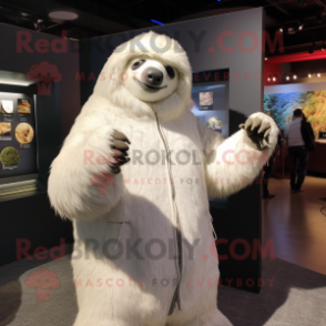 White giant sloth mascot costume character dressed with Cardigan and Lapel pins