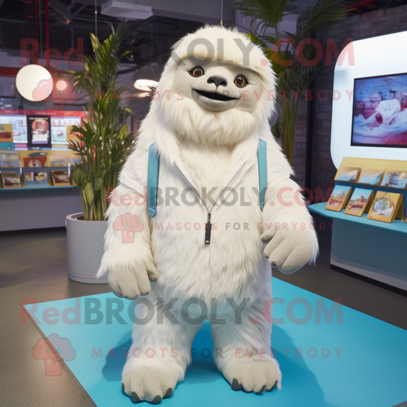 White giant sloth mascot costume character dressed with Cardigan and Lapel pins