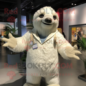 White giant sloth mascot costume character dressed with Cardigan and Lapel pins