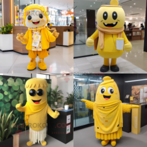 Yellow Miso Soup mascot costume character dressed with Cardigan and Necklaces