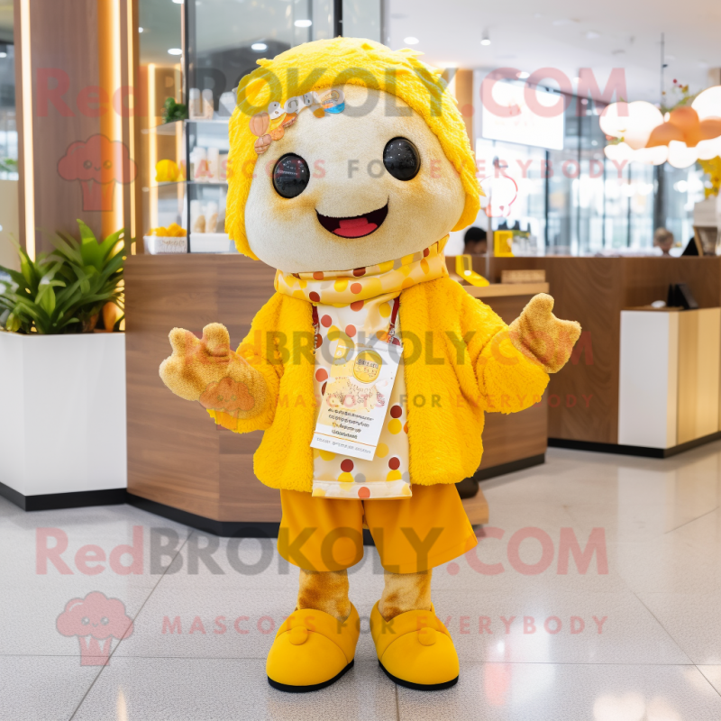 Yellow Miso Soup mascot costume character dressed with Cardigan and Necklaces Yellow Miso Soup mascot costume character dressed with Cardigan and Necklaces