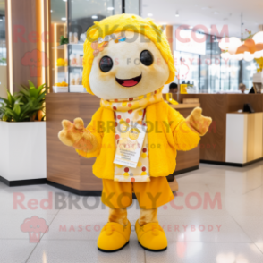Yellow Miso Soup mascot costume character dressed with Cardigan and Necklaces