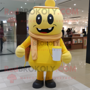 Yellow Miso Soup mascot costume character dressed with Cardigan and Necklaces