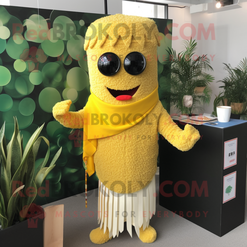 Yellow Miso Soup mascot costume character dressed with Cardigan and Necklaces Yellow Miso Soup mascot costume character dressed with Cardigan and Necklaces