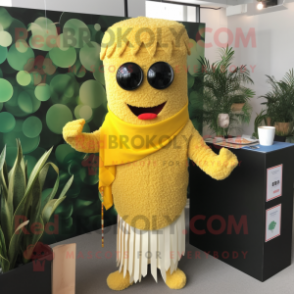 Yellow Miso Soup mascot costume character dressed with Cardigan and Necklaces