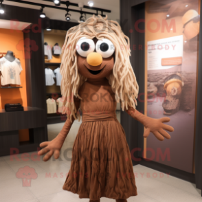 Brown Spaghetti mascot costume character dressed with Midi Dress and Eyeglasses