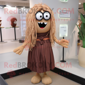 Brown Spaghetti mascot costume character dressed with Midi Dress and Eyeglasses