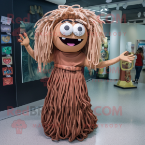Brown Spaghetti mascot costume character dressed with Midi Dress and Eyeglasses