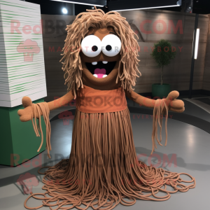 Brown Spaghetti mascot costume character dressed with Midi Dress and Eyeglasses