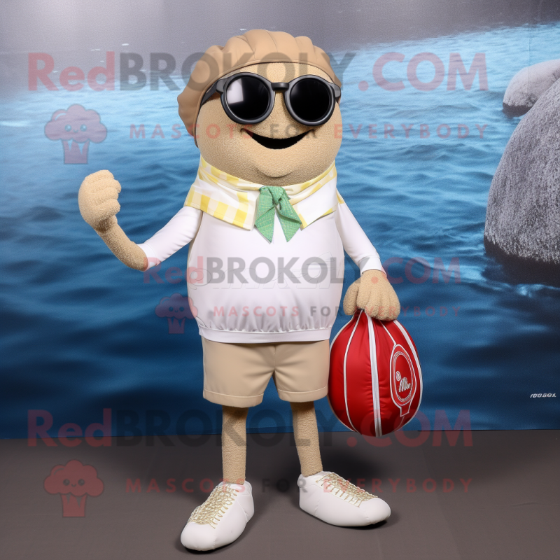 Beige Meatballs mascot costume character dressed with Board Shorts and Pocket squares